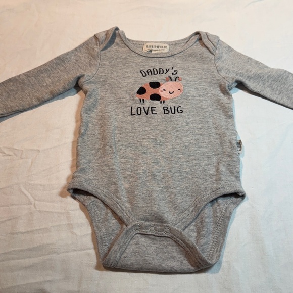 Rabbit + Bear - Gray Long Sleeve Organic Cotton Baby Onesie with Ladybug Design - Picture 1 of 3